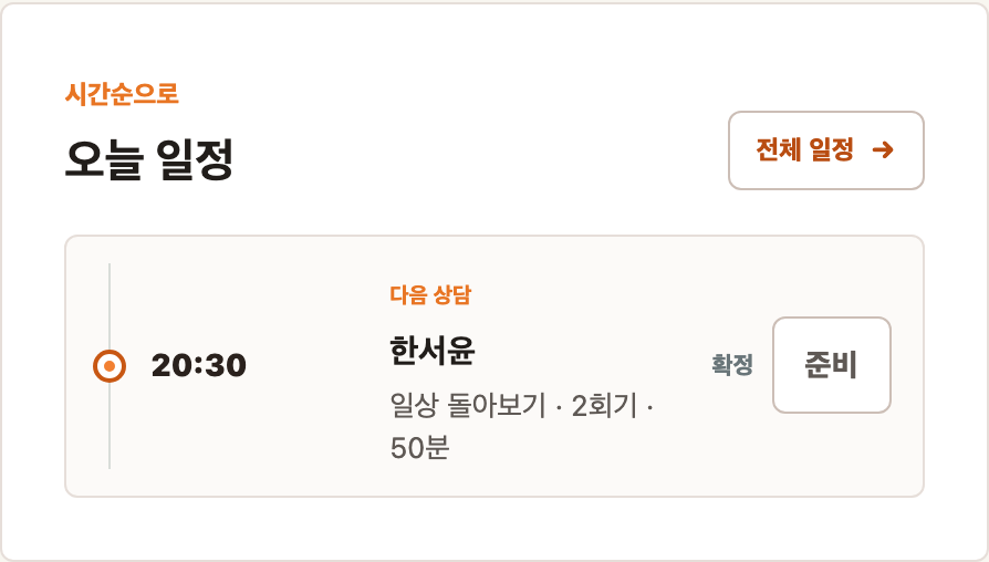 한서윤의 예정된 2회기 상담과 준비 버튼이 보이는 오늘 일정